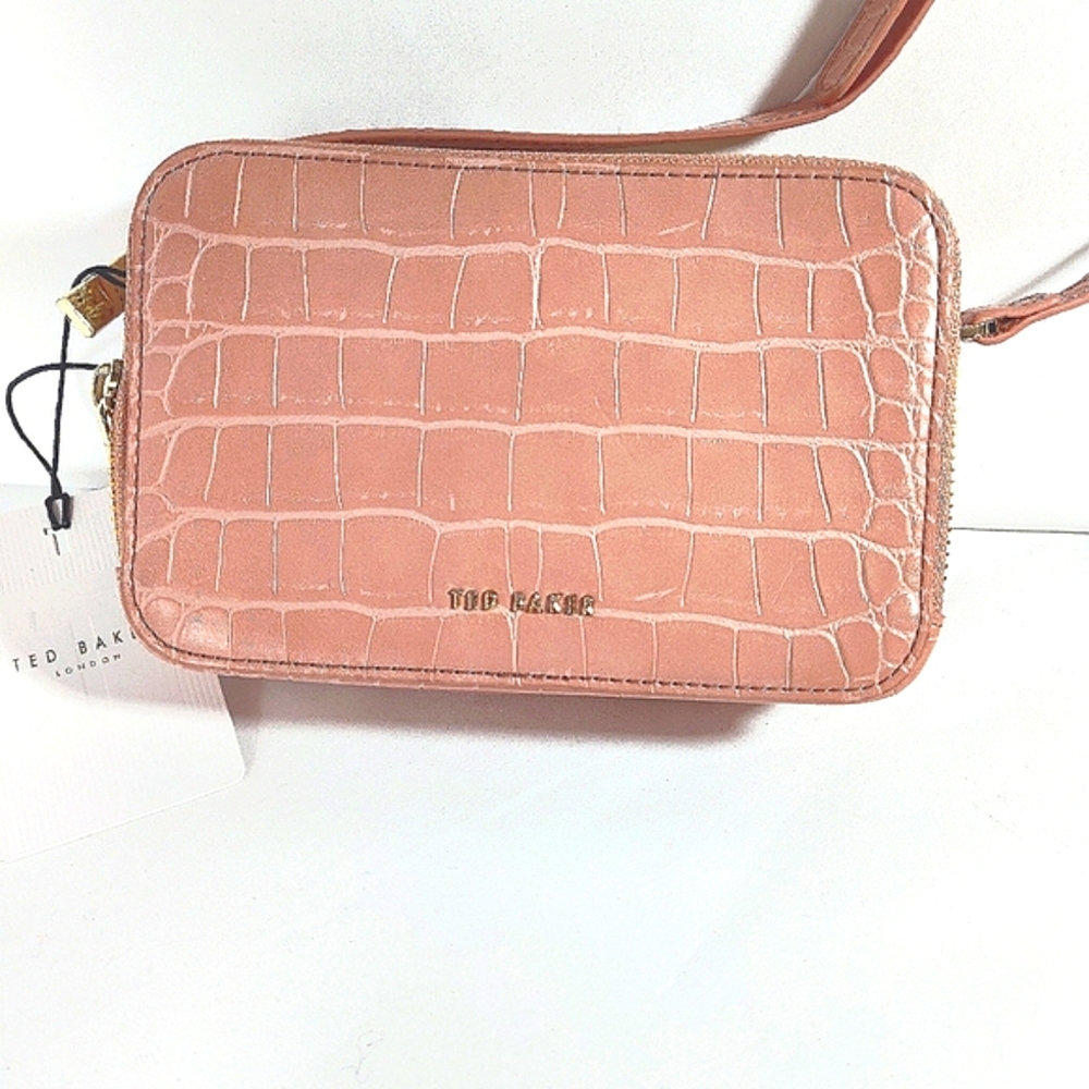 NWT. Ted Baker London Stina Camera Croc-Embossed, Crossbody, Mid-Pink